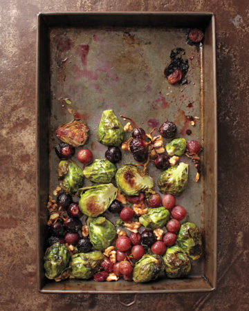 healthy thanksgiving sides - roasted brussels sprouts with grapes and walnuts