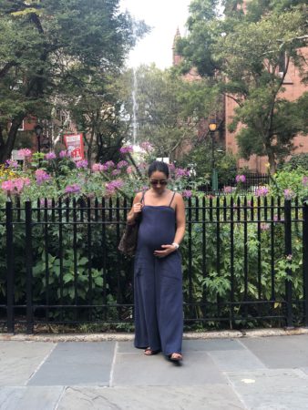 Marissa Vicario | pregnant woman in a Rachel Pally maternity jumpsuit